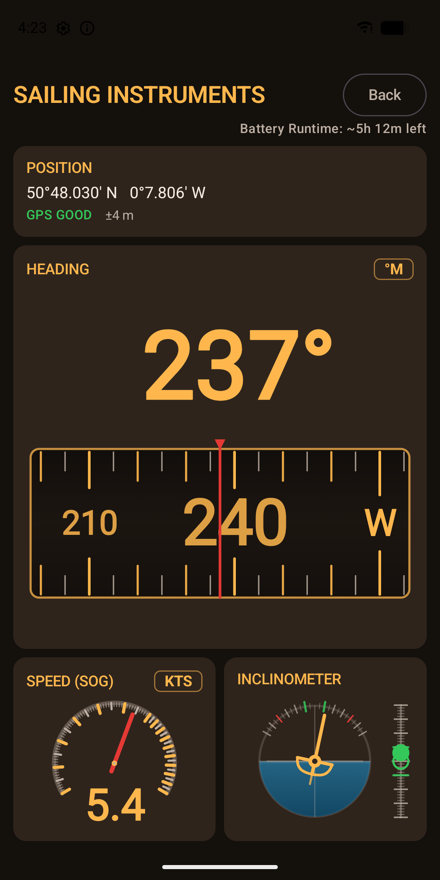 Compass heading tape showing 237 degrees magnetic